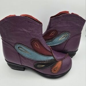 Purple Leather Ankle Boots with Multicolor Accents